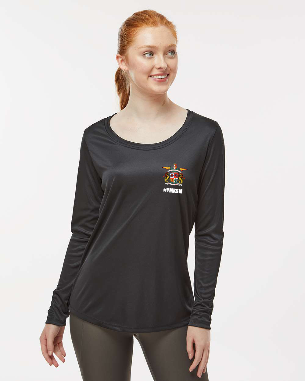 no_quarter_no_mercey_ladies_dryfit_long_sleeve_front_model