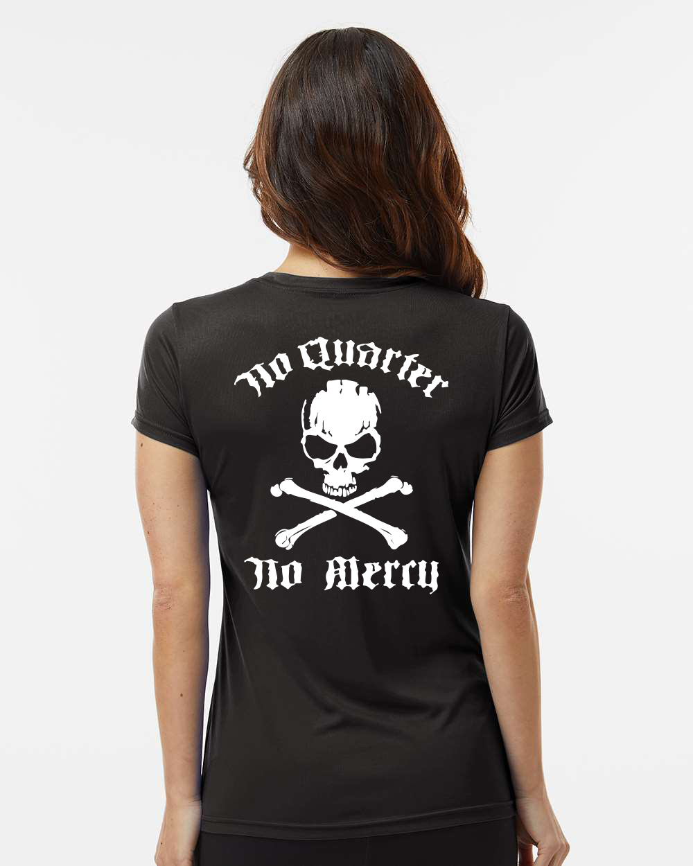 no_quarter_no_mercey_ladies_dryfit_short_sleeve_back_model