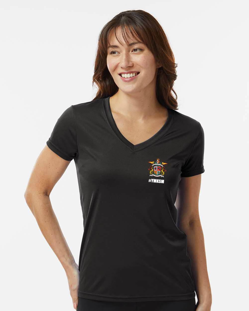 no_quarter_no_mercey_ladies_dryfit_short_sleeve_front_model