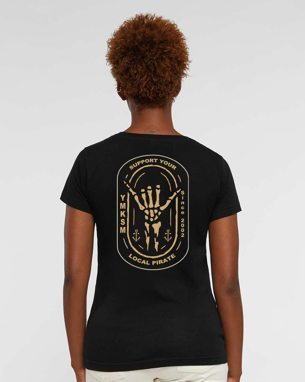 support_your_local_pirate_LAT_3507_ladies_short_sleeve_black_v-neck_tee_shirt_back_model