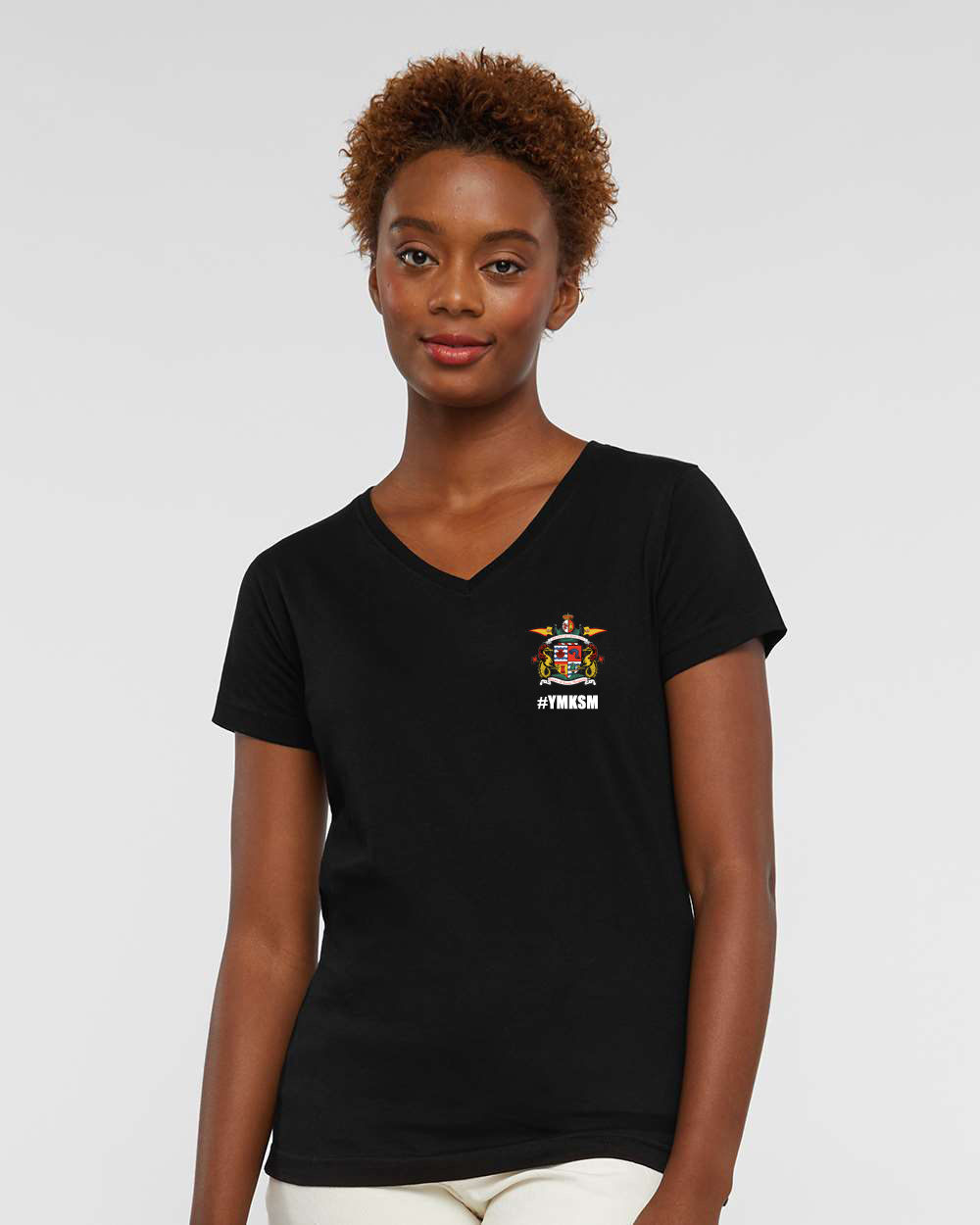 support_your_local_pirate_LAT_3507_ladies_short_sleeve_black_v-neck_tee_shirt_front_model