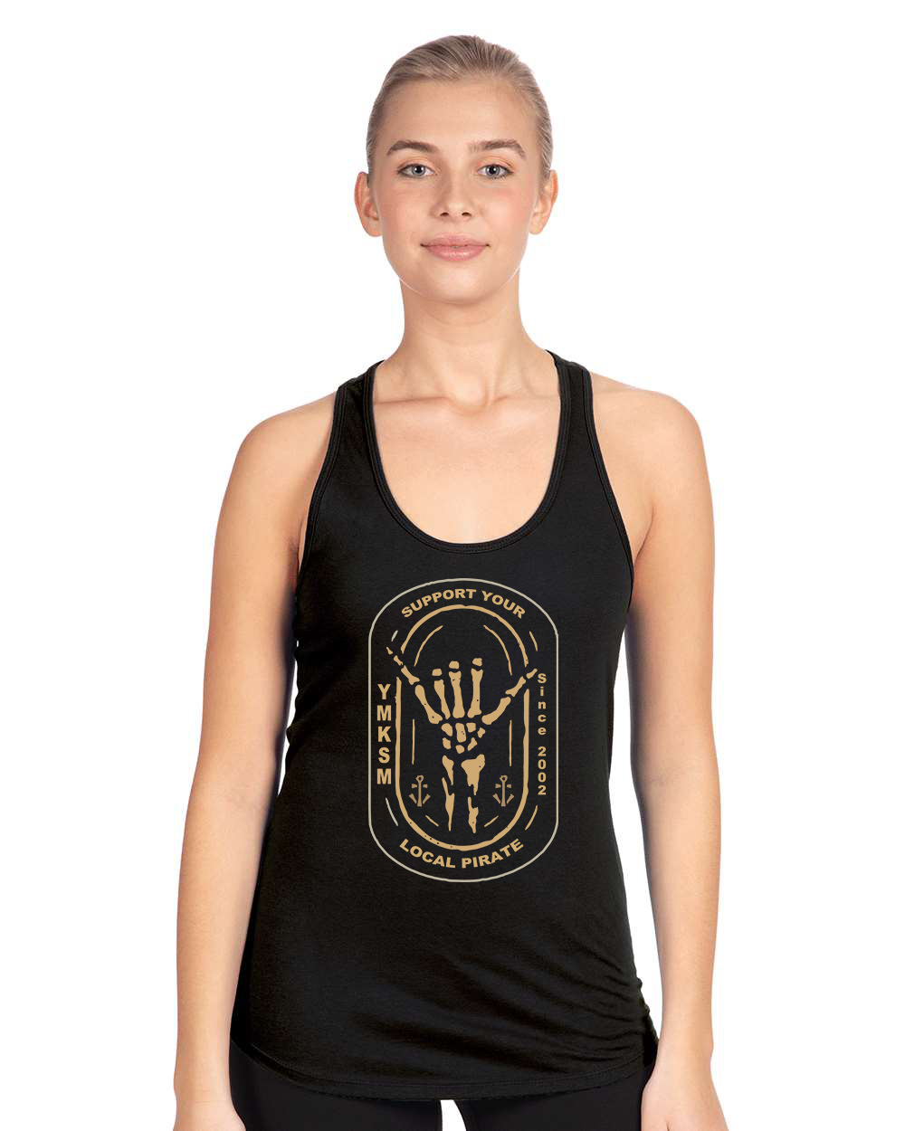 support_your_local_pirate_NEXTLEVEL_1533_ladies_racerback_black_tank_top_front_model