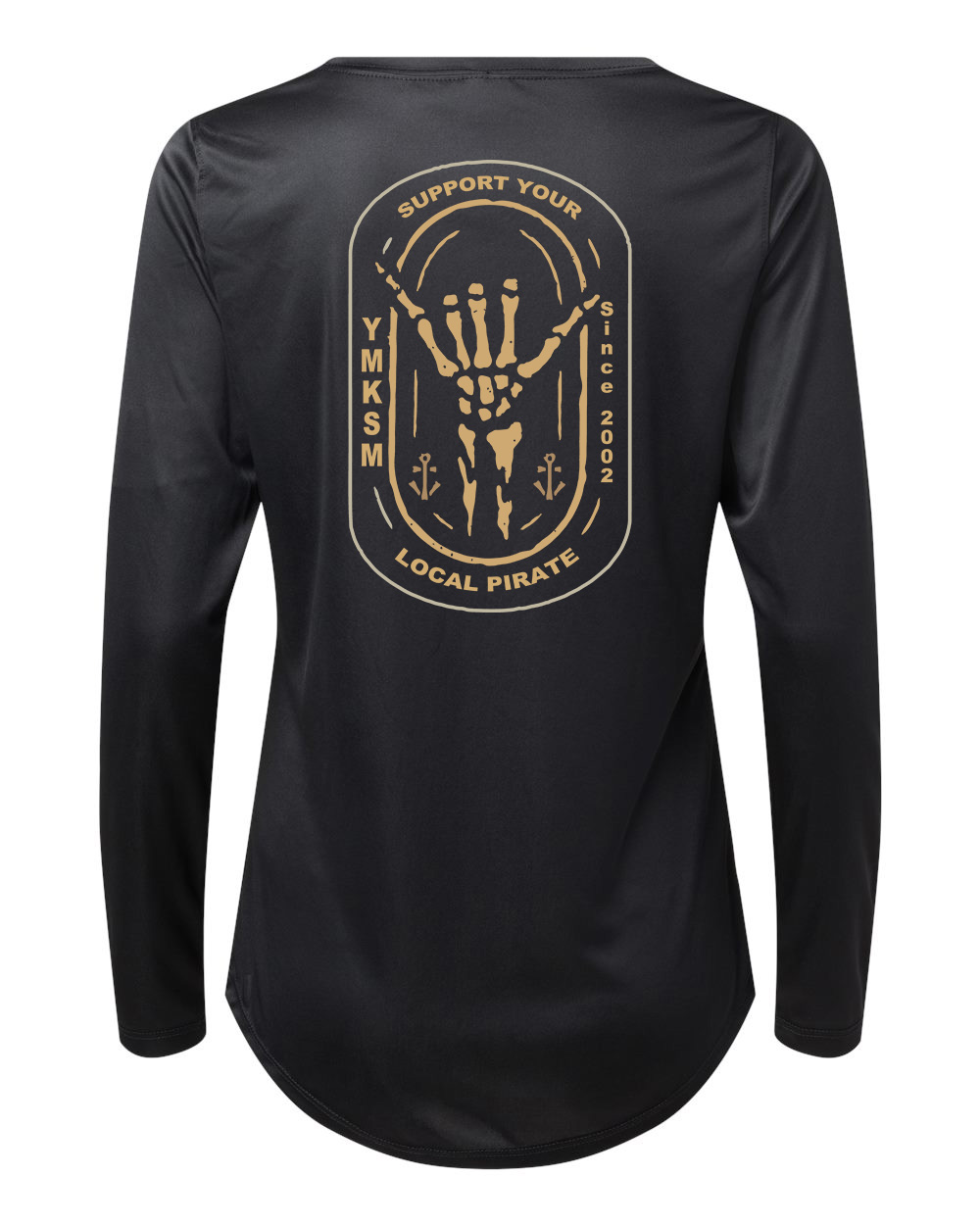support_your_local_pirate_PARAGON_214_ladies_long_sleeve_dryfit_black_tee_shirt_back_base